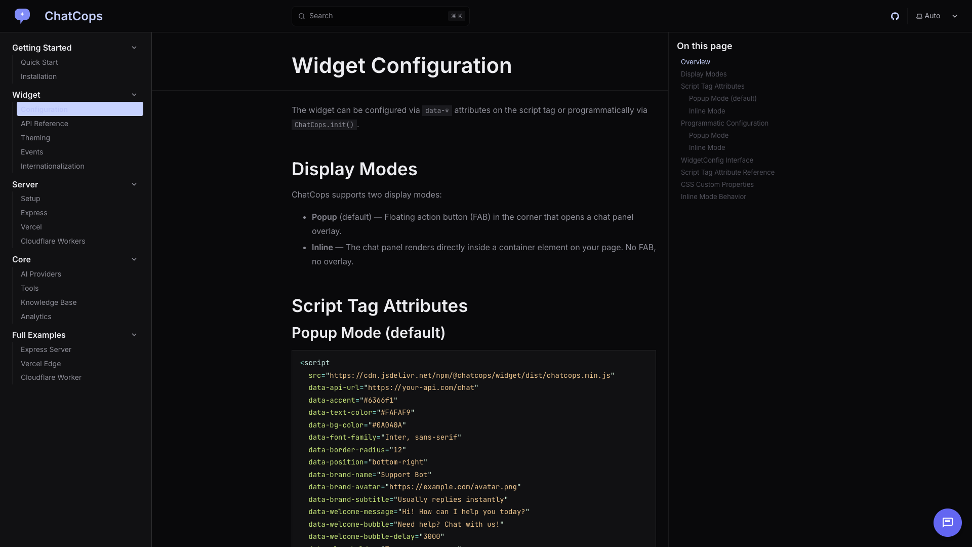 ChatCops widget configuration reference with data attributes